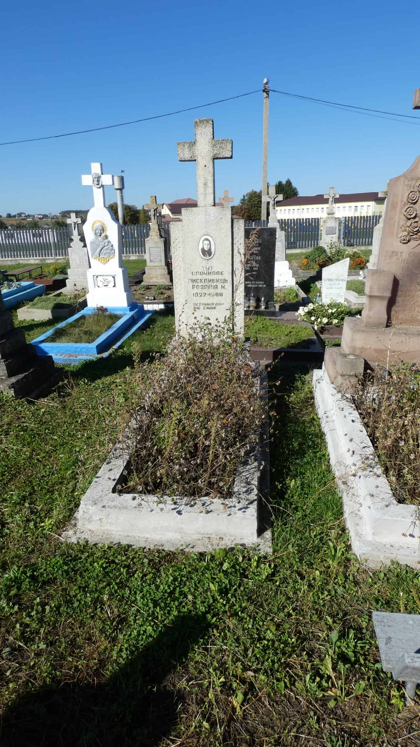 Могили на цвинтарі у Буцькаці з хрестами та могильними плитами для членів родини.