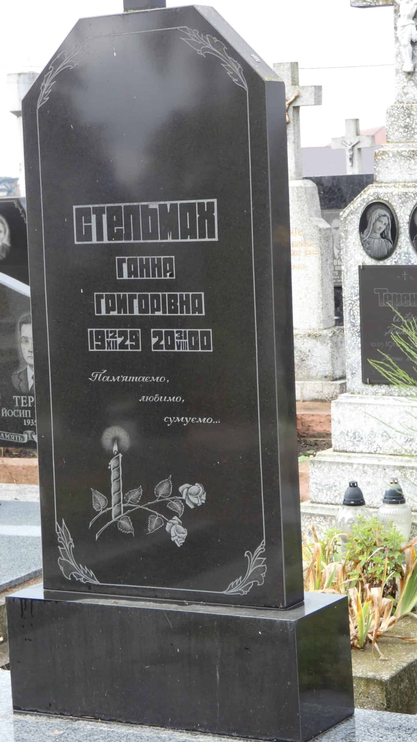 Могила із чорного граніту на цвинтарі Буцачець.