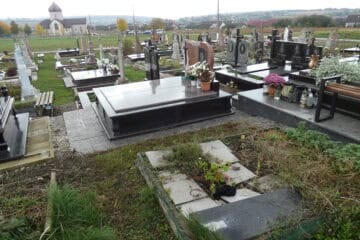 Могили на українському цвинтарі з квітами та пам’ятниками, з відкритим простором і деревами у фоні.