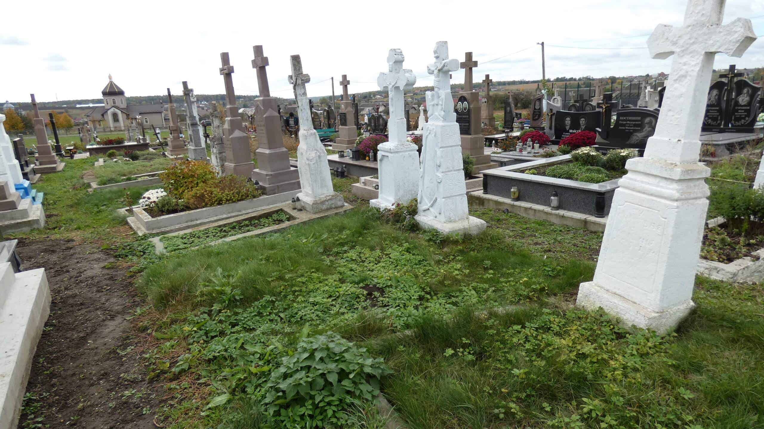 Могили на цвинтарі у Буцьачі з пам’ятниками та квітами, історичний цвинтар, український меморіал.