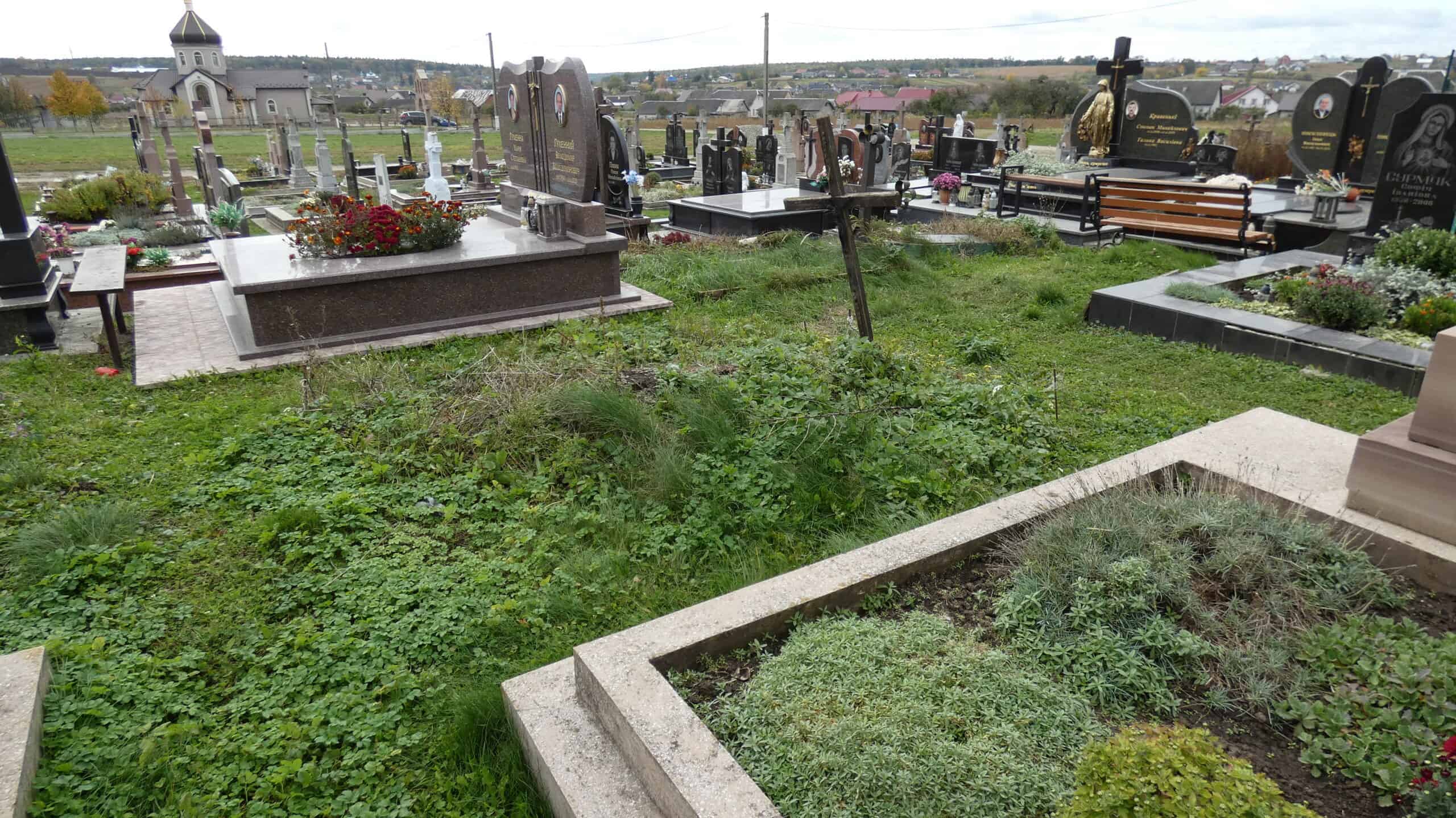 Кладовище з похилими могилами та квітковими оздобленнями в Буцязькому цвинтарі, територія з зеленню та деревами, українське поховальне кладовище.