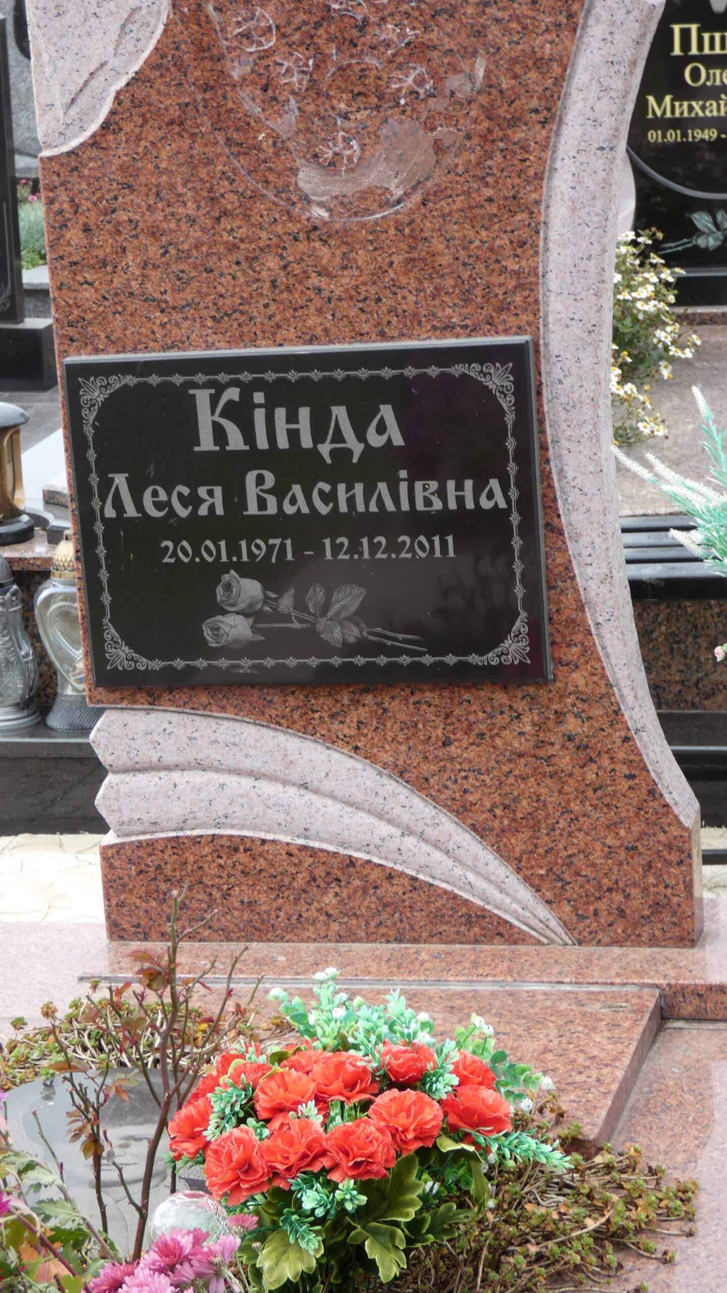 Меморіальний пам’ятник на цвинтарі з надписом і квітами, символ вшанування пам’яті.